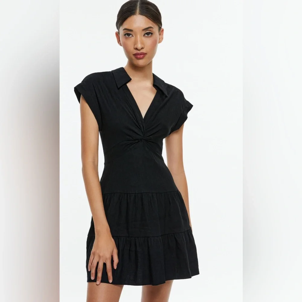 Alice + Olivia Sleeveless Mila Linen Twist Front Black Mini Dress ZB5